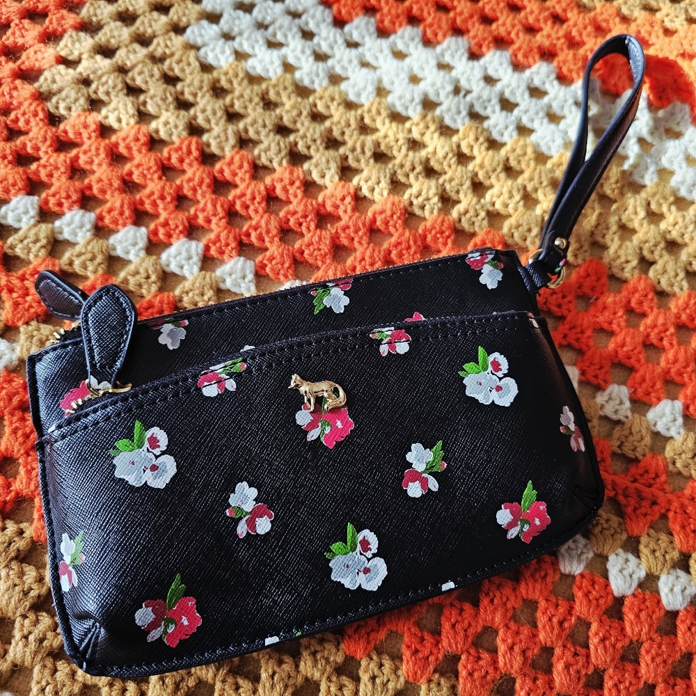 Emma Fox Floral Black Faux Leather Wristlet Clutch Bag
